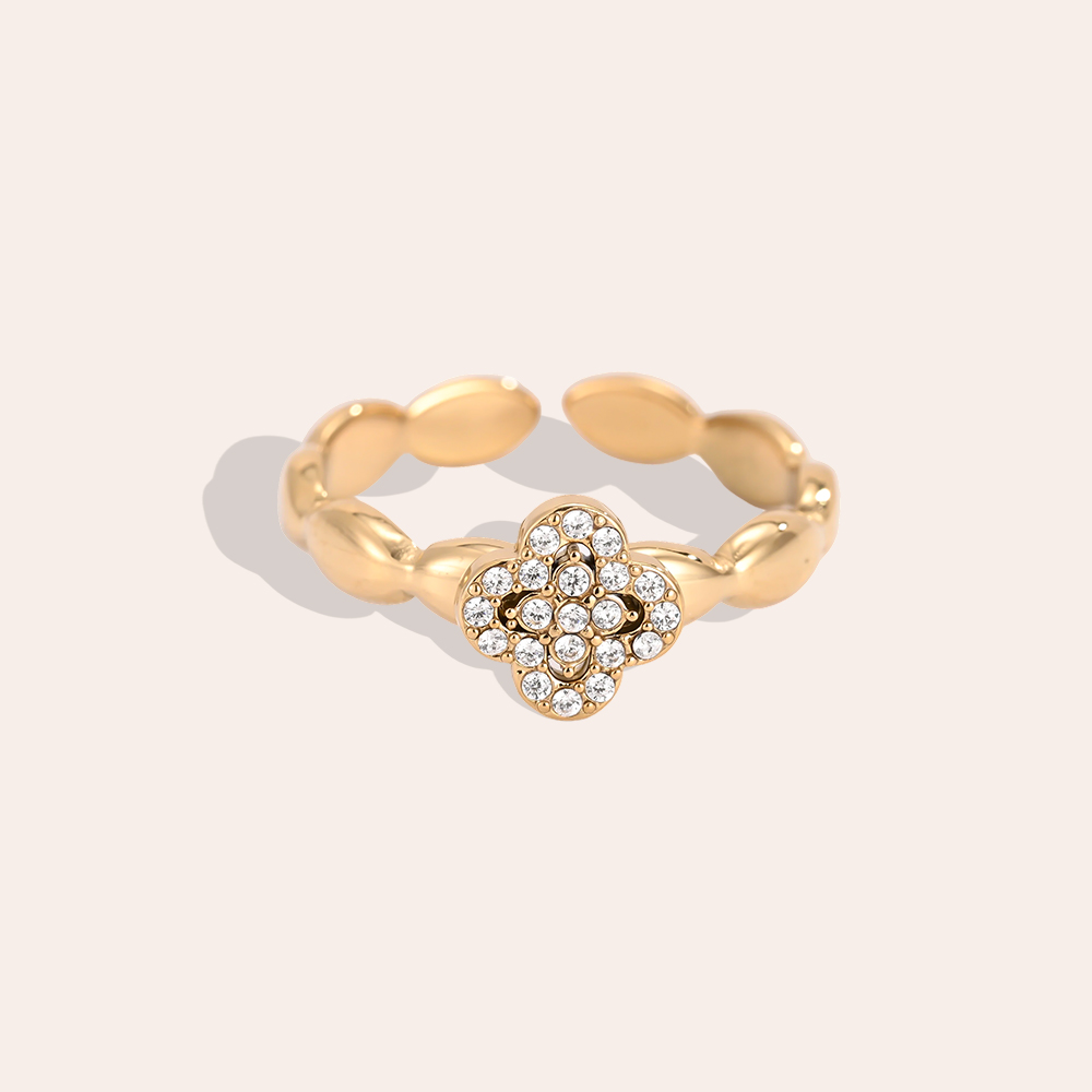 Stainless Steel Ring, Adjustable, Single Cloverleaf Zirconia 