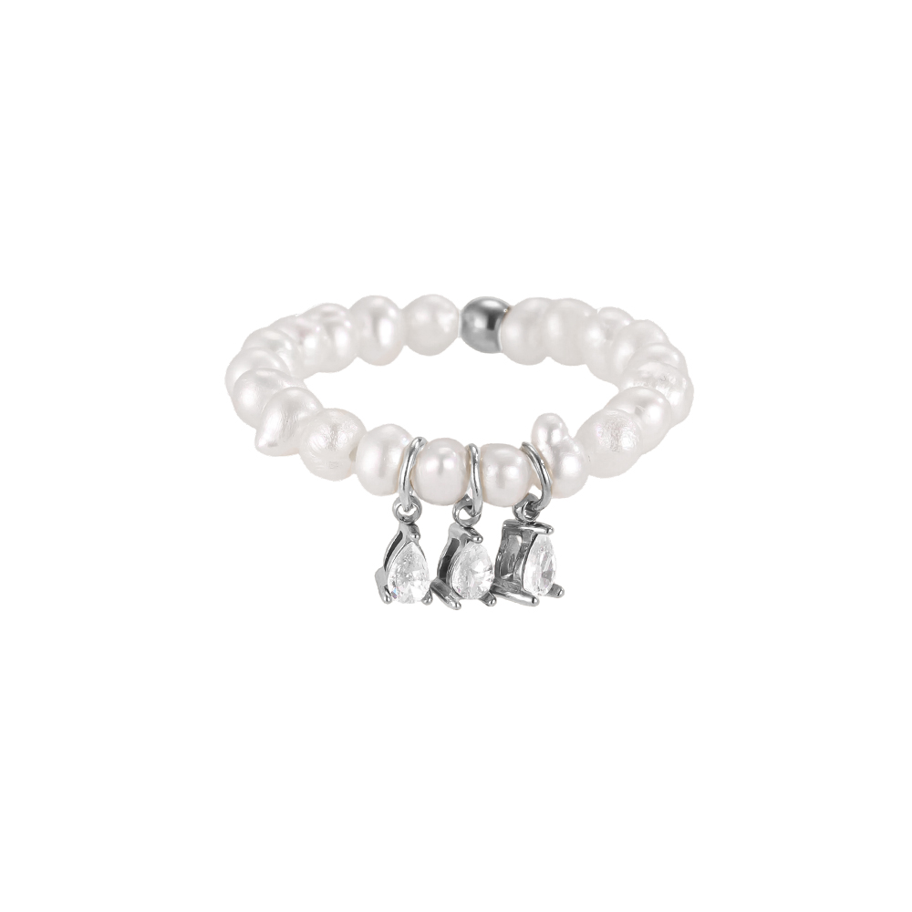Stainless steel ring with adjustable elastic band, pearls and small cubic zirconia