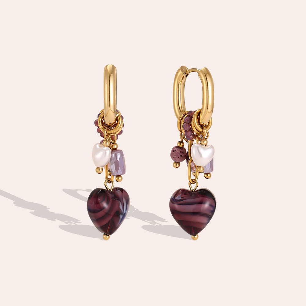Stainless steel earrings, 45 × 13 mm, purple hearts