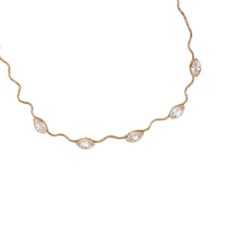 Stainless steel necklace, 42 cm, wave chain with eyelet and cubic zirconia