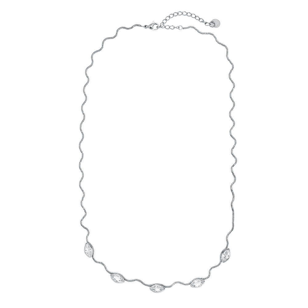Stainless steel necklace, 42 cm, wave chain with eyelet and cubic zirconia