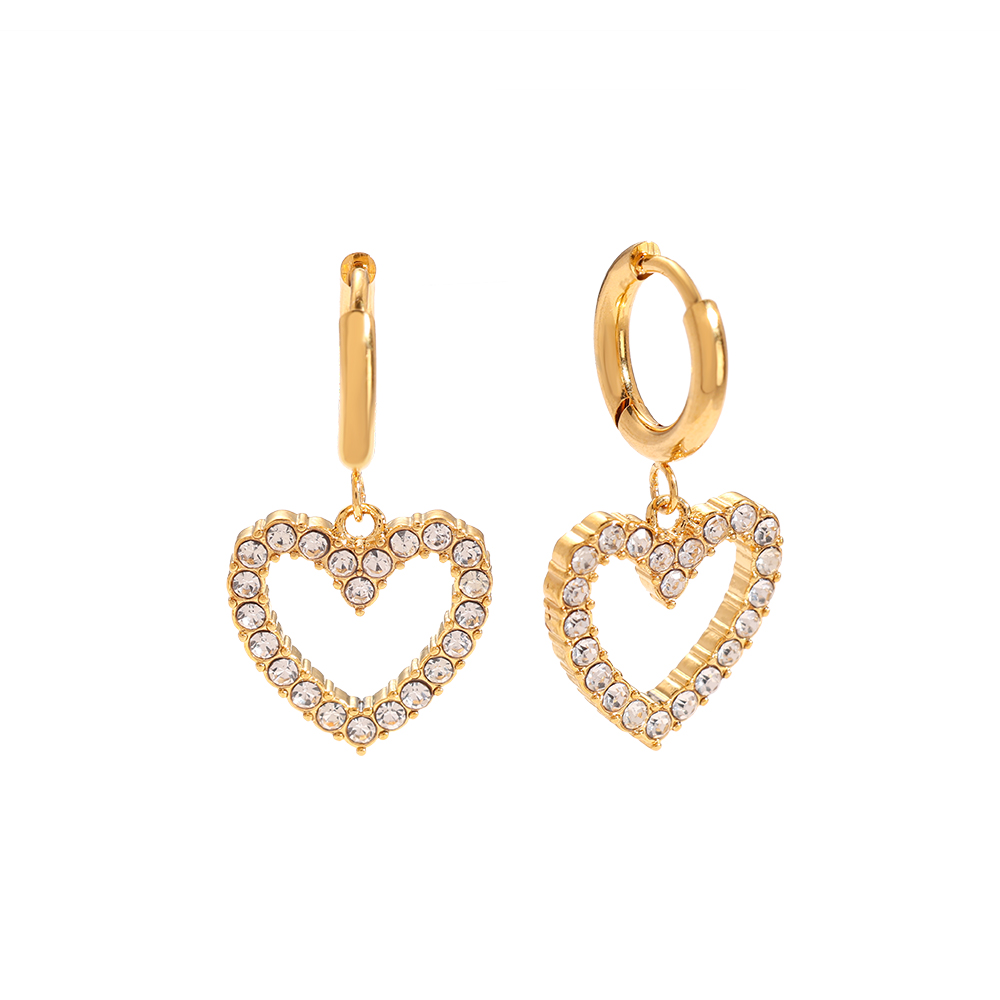 Single Diamond Hollow Heart Stainless Steel Earrings   