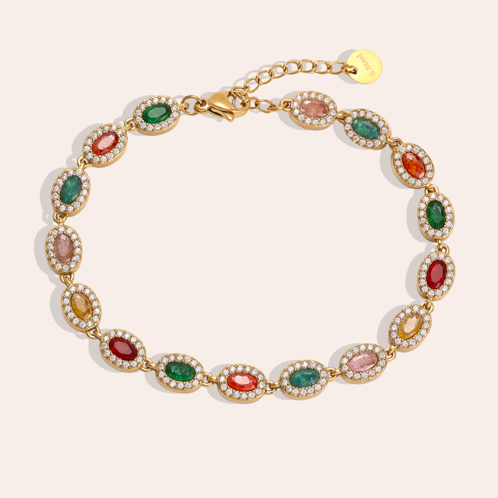 Stainless steel bracelet, 17 cm, oval, colourful, sparkling cubic zirconia   