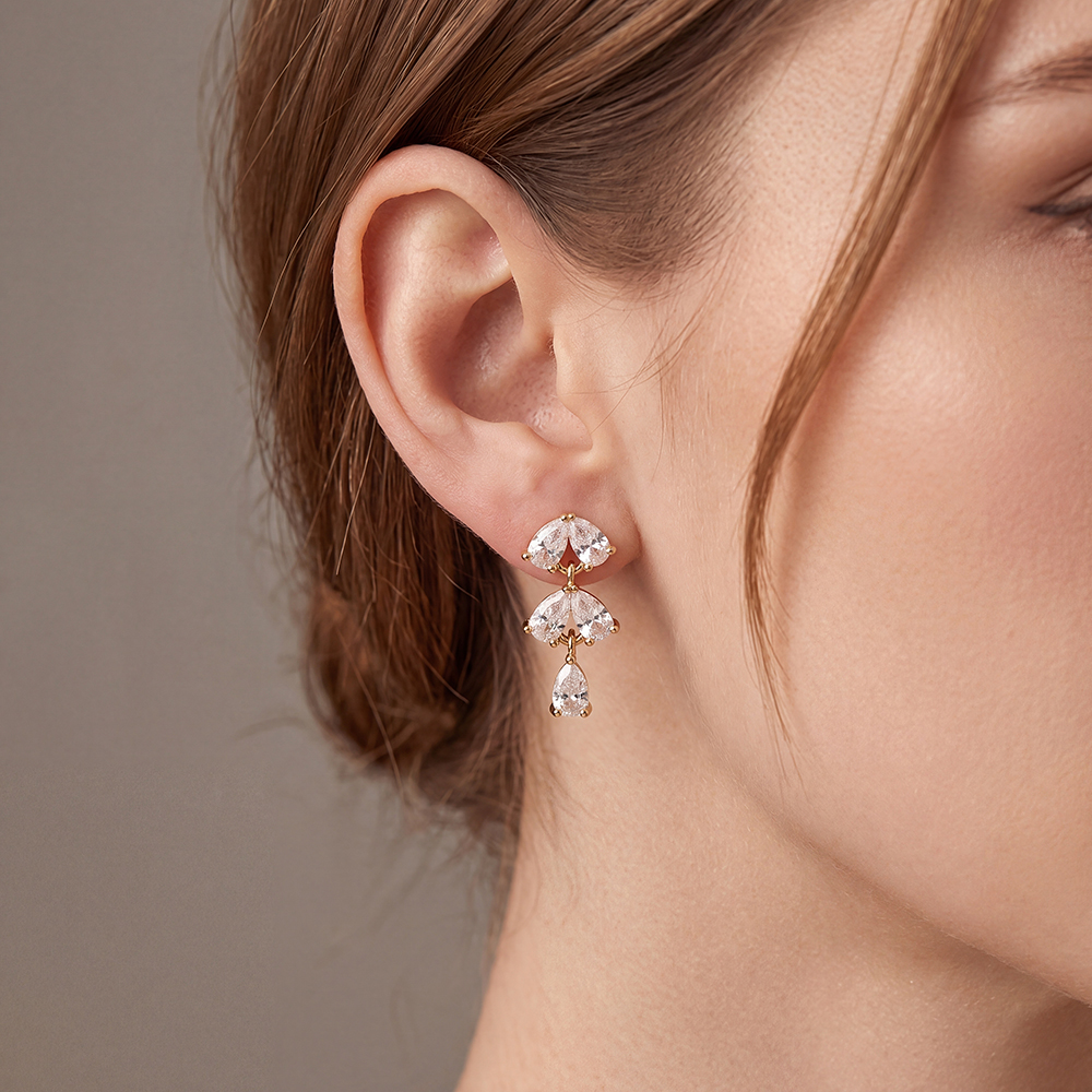 Gold-plated earrings, 18mm, with lots of teardrop-shaped cubic zirconia