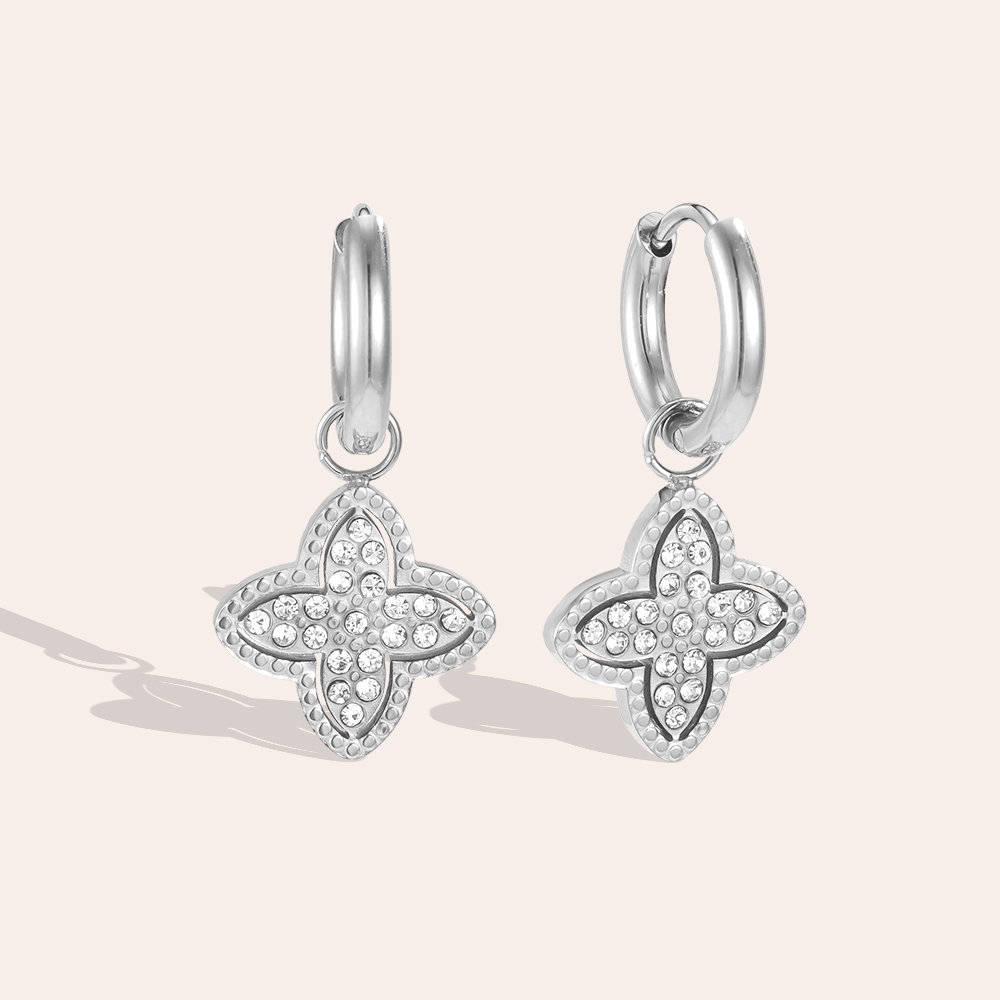 Stainless steel earrings, 25×13 mm, cubic zirconia, four-leaf clover design
