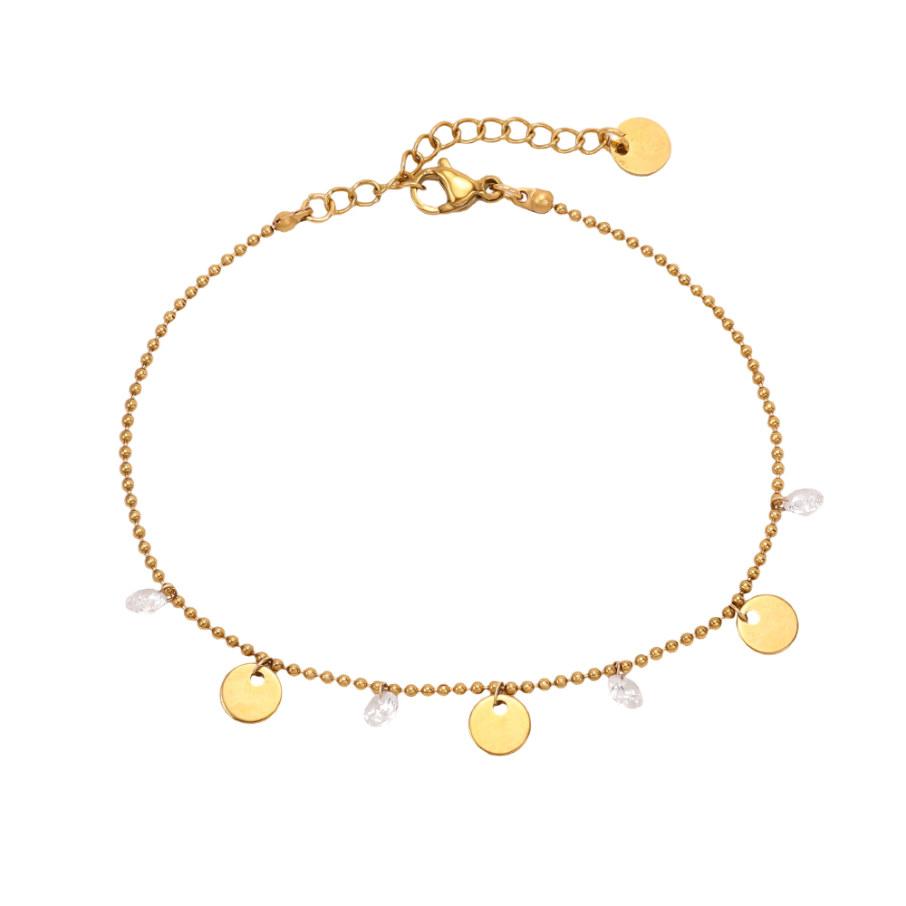 Stainless steel bracelet, 16 cm, with gold-coloured discs and cubic zirconia  