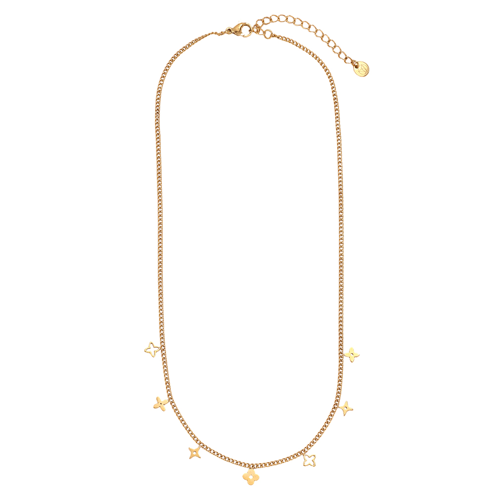 Stainless steel necklace, 38cm, featuring various four-leaf clovers