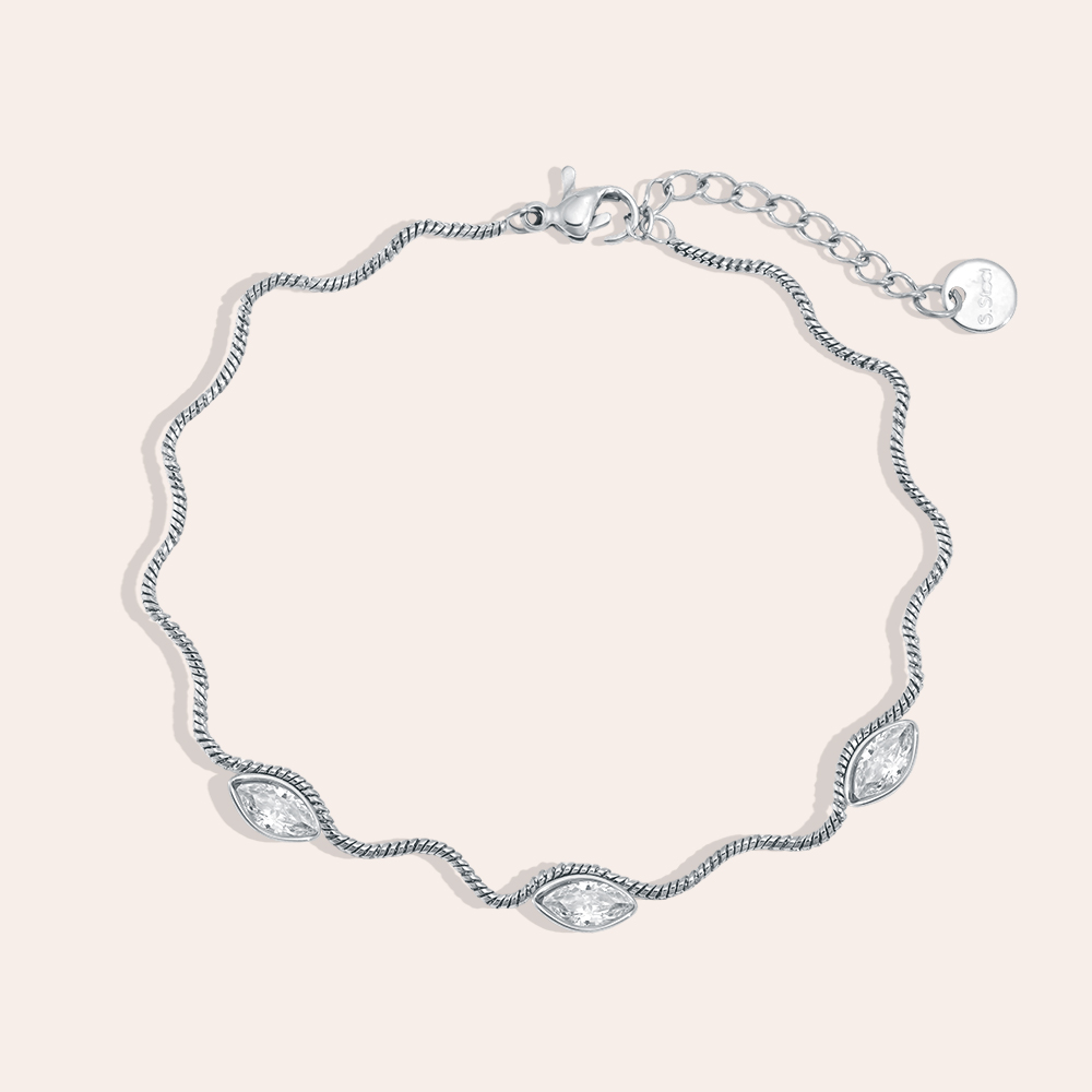 Stainless steel bracelet, 17 cm, wave chain with eyelet and cubic zirconia