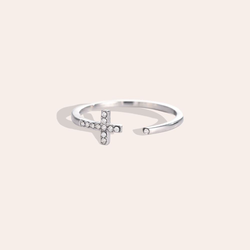 Adjustable stainless steel cross ring with cubic zirconia