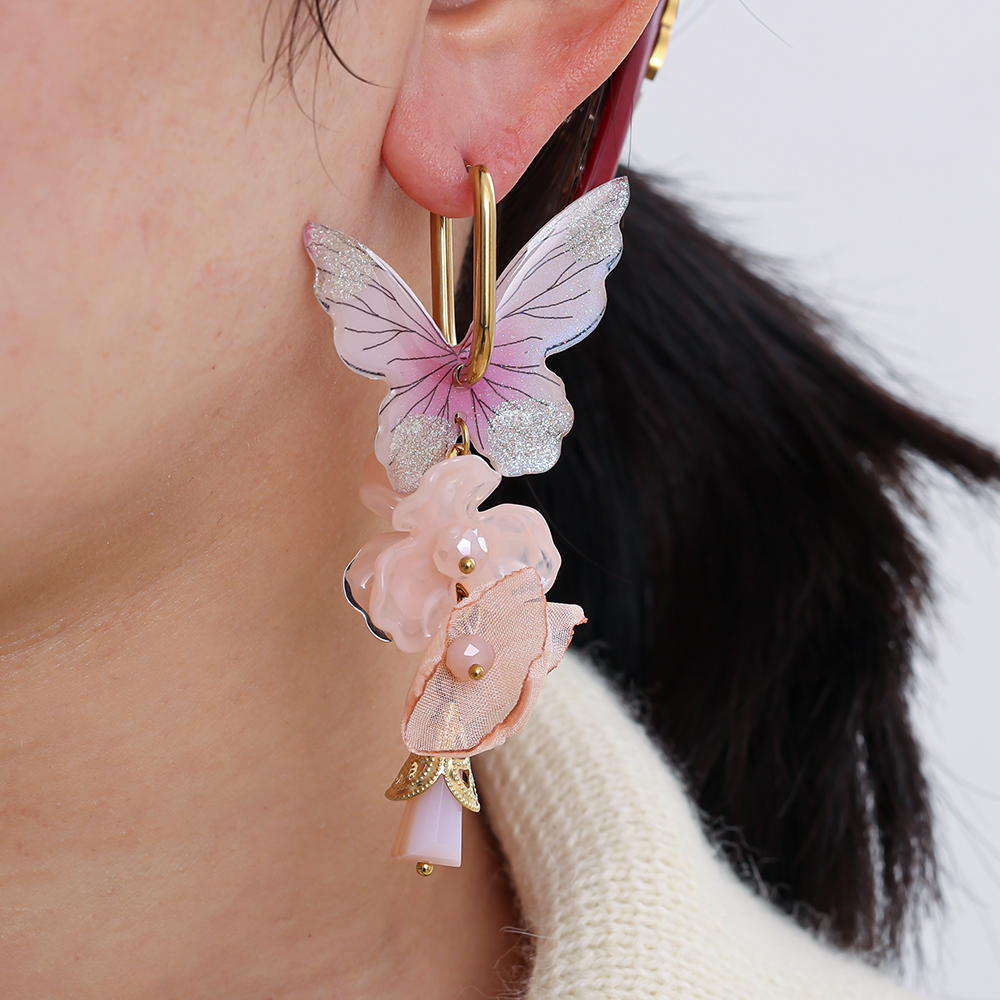 Stainless steel earrings 80mm acrylic flowers butterfly
