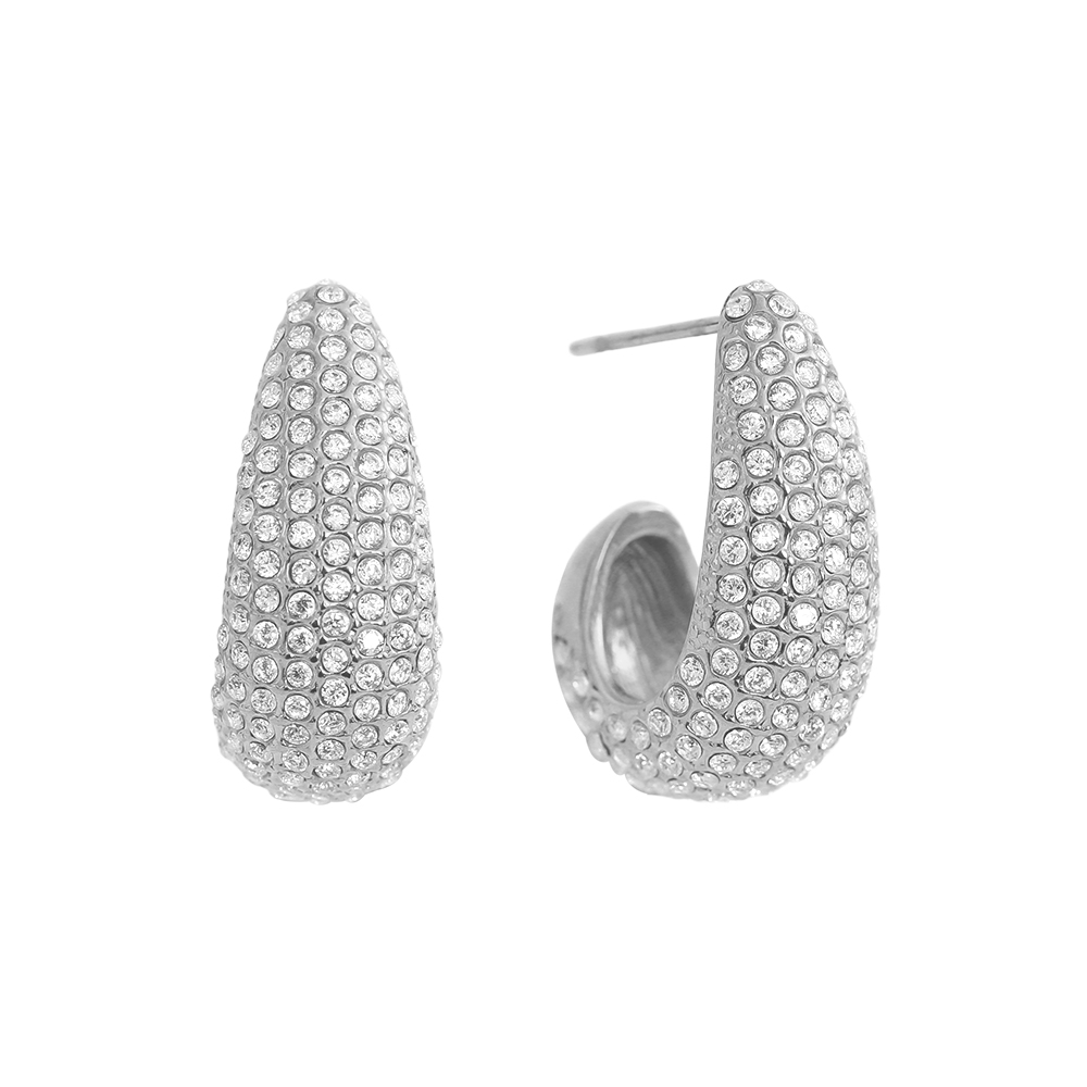 Stainless steel earrings, 20 mm, fully set with cubic zirconia 