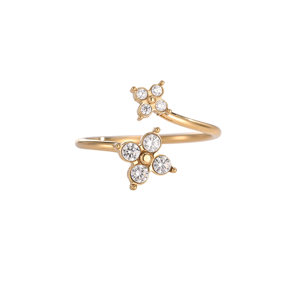 Stainless Steel Adjustable Double Cloverleaf Zirconia Ring 