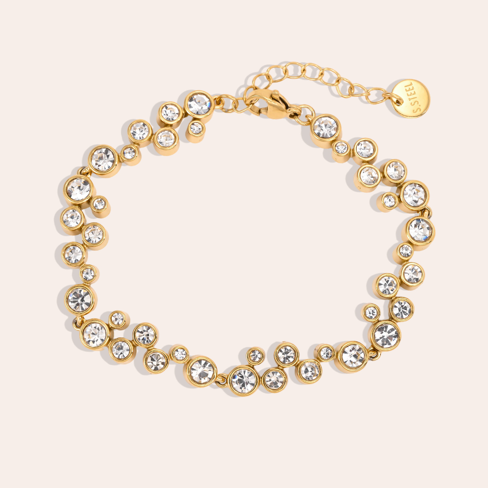 Stainless steel bracelet, 17 cm, with lots of round cubic zirconia stones
