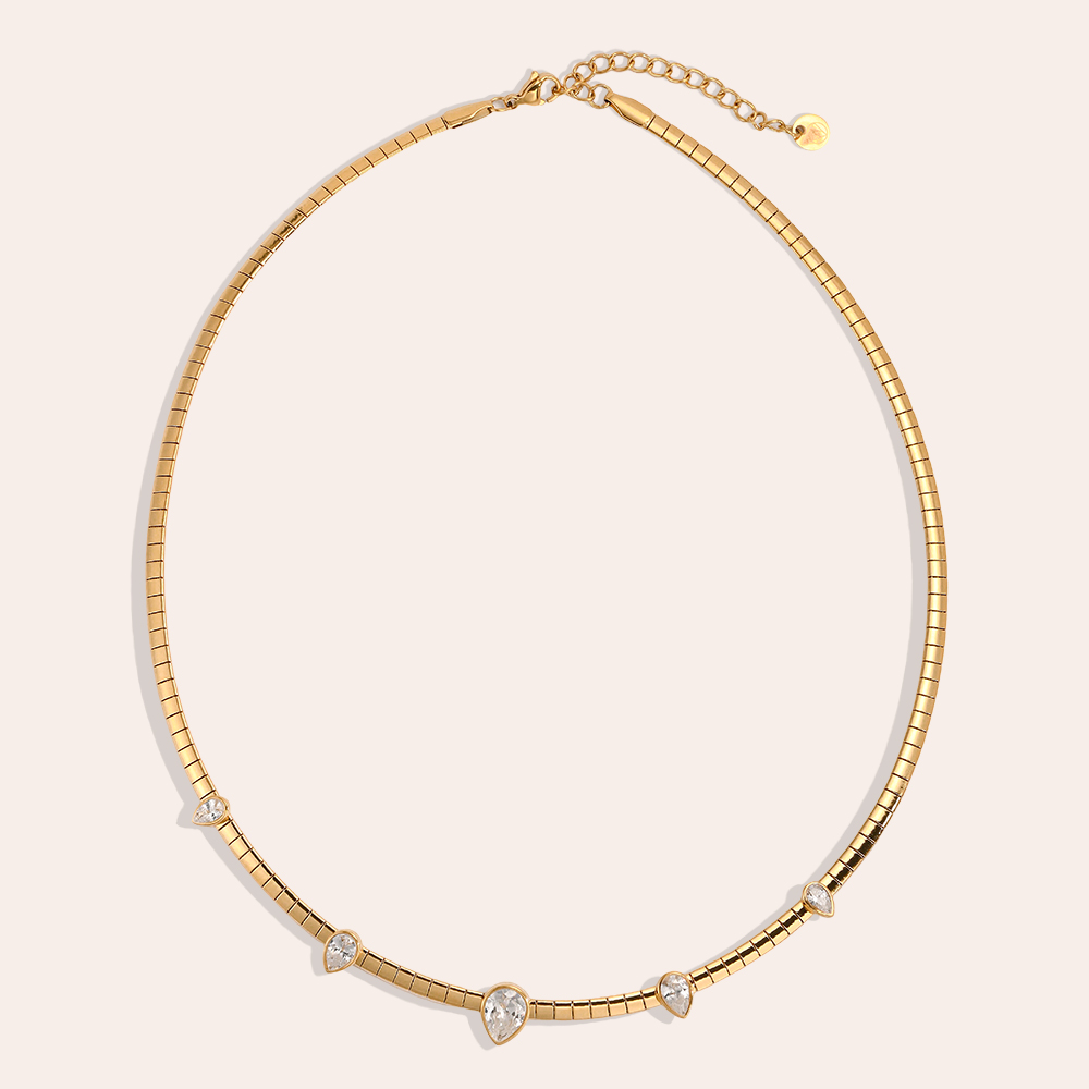 Stainless steel necklace, 40 cm, teardrop-shaped cubic zirconia