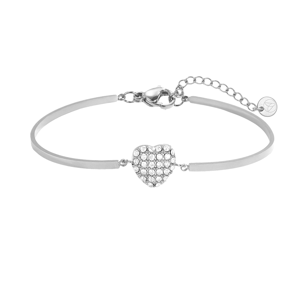 Stainless steel bracelet, adjustable, twin-ring design, heart-shaped rhinestone  