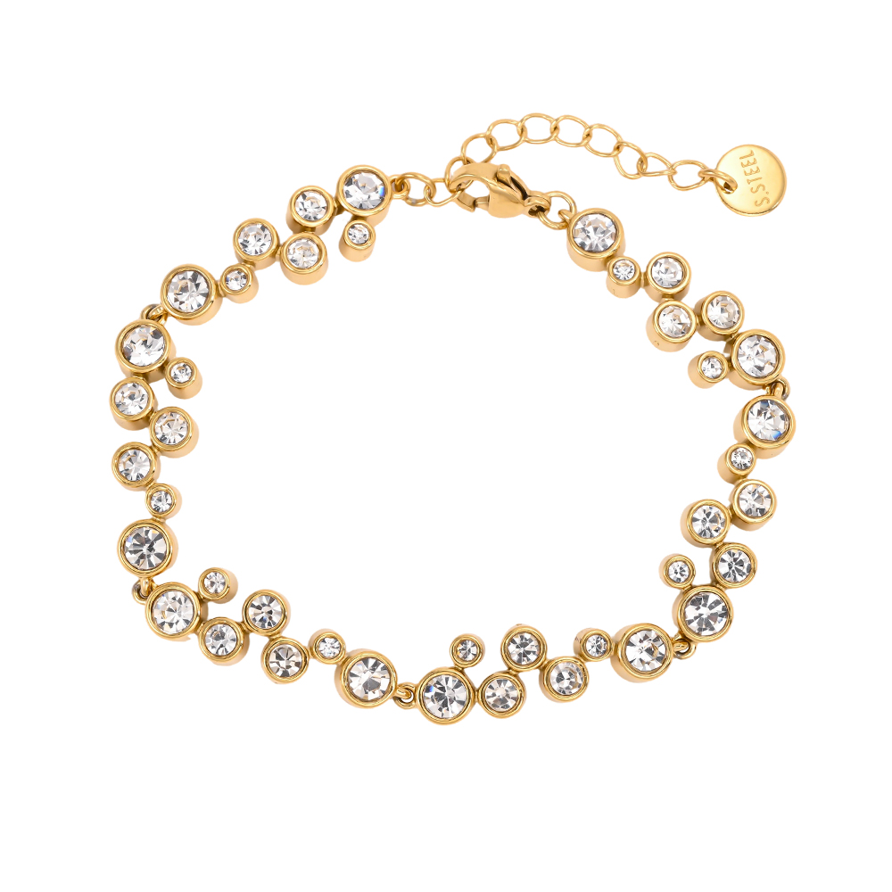 Stainless steel bracelet, 17 cm, with lots of round cubic zirconia stones
