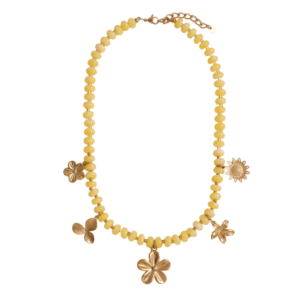 Stainless steel necklace 47cm small acrylic beads and golden flowers