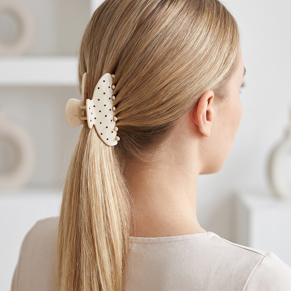 10 cm white hair clip with black dots 
