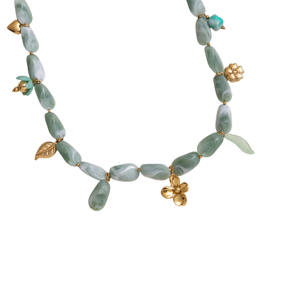 Stainless steel necklace 90cm elongated acrylic pieces and golden flowers