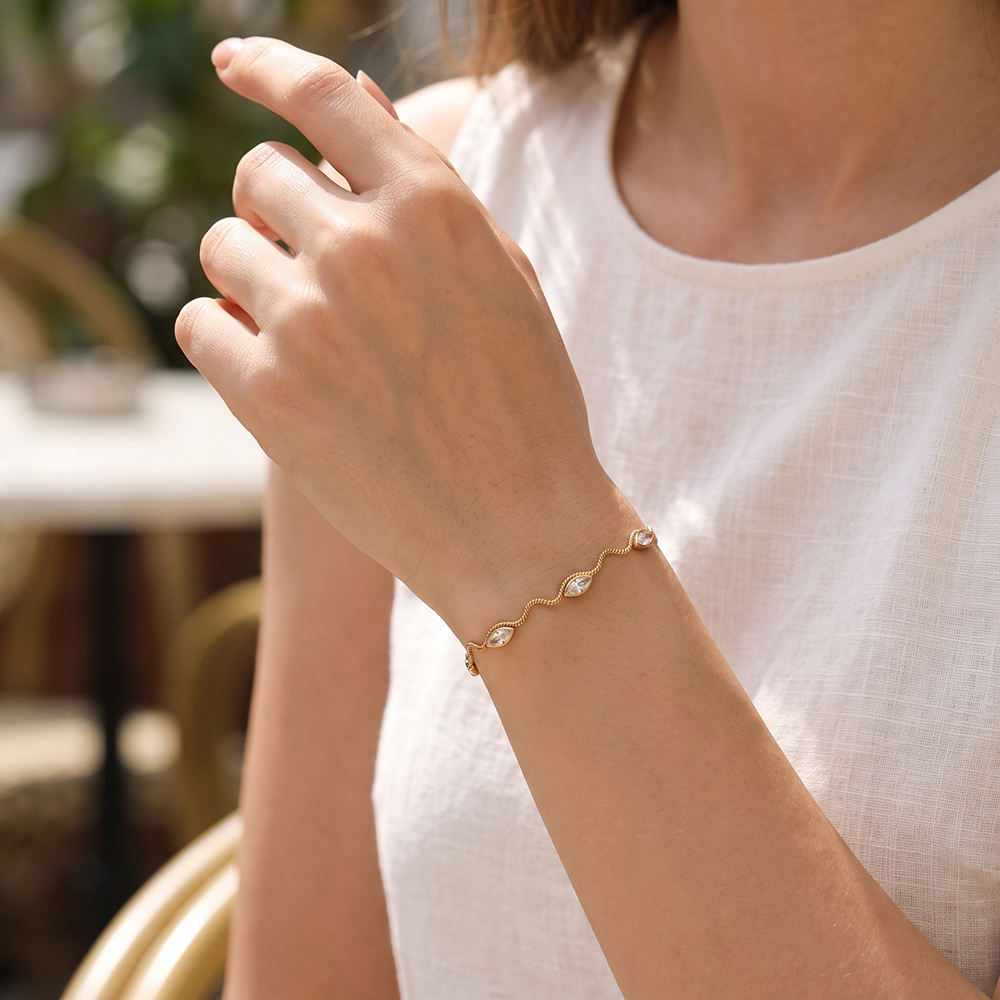 Stainless steel bracelet, 17 cm, wave chain with eyelet and cubic zirconia
