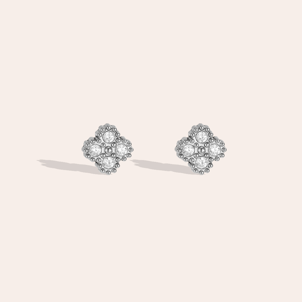 Stainless steel earrings, 8mm, with delicate cubic zirconia in a cloverleaf design  