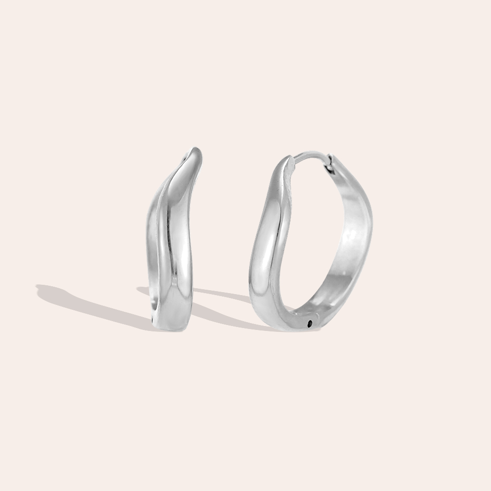 Stainless steel earrings, 20 mm, plain wave-pattern hoop earrings       