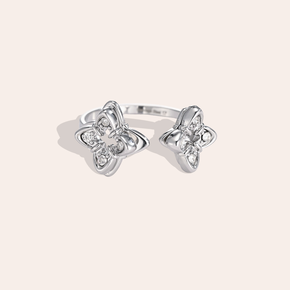 Stainless Steel Adjustable Double Cloverleaf Zirconia Ring