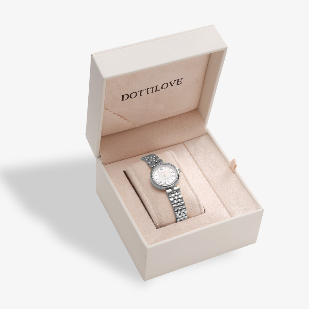 Round stainless steel watch with mother-of-pearl dial