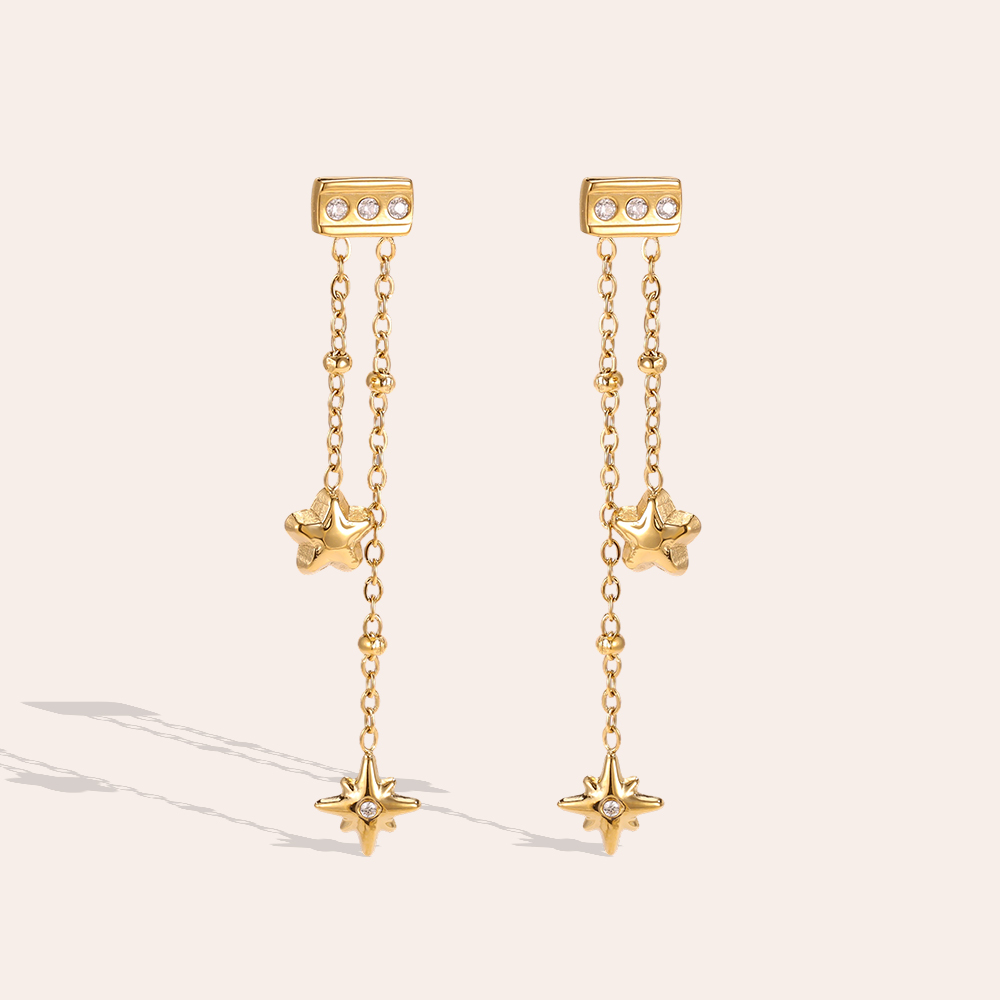 Stainless steel earrings, 41×6 mm, star chain with cubic zirconia 
