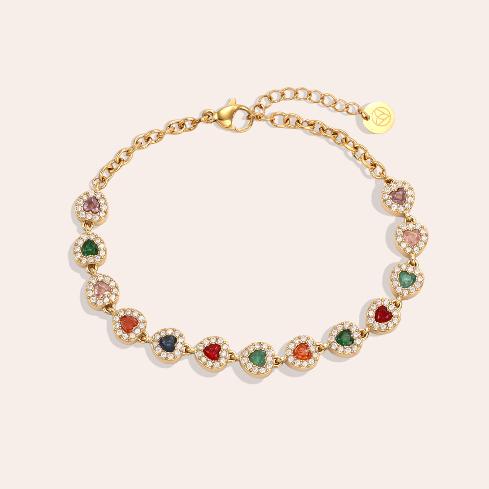 Stainless steel bracelet, 17 cm, with colourful hearts and sparkling cubic zirconia   
