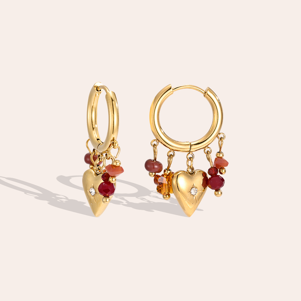 Stainless steel earrings, 32×17 mm, heart-shaped with brown crystal   
