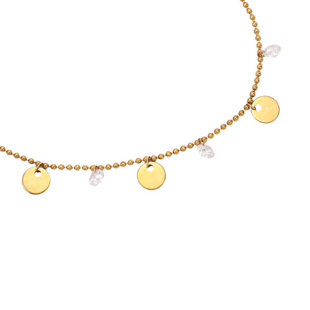 Stainless steel bracelet, 16 cm, with gold-coloured discs and cubic zirconia  