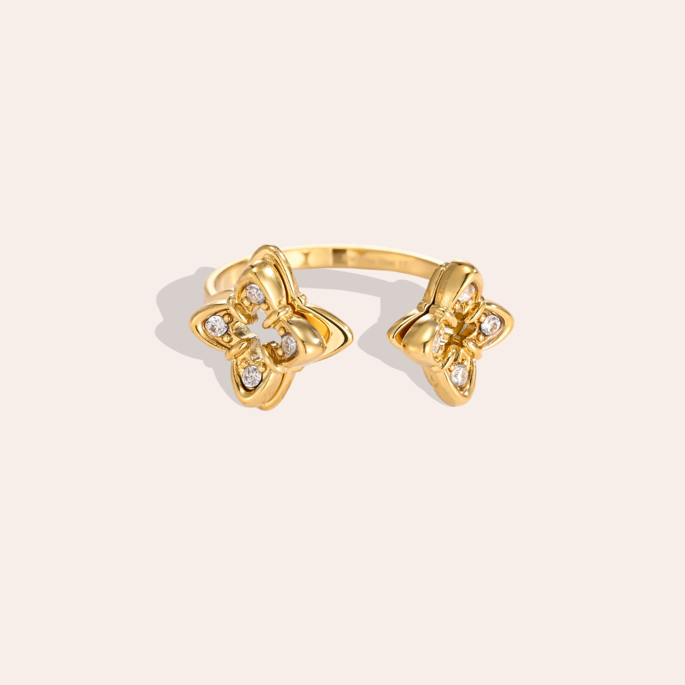 Stainless Steel Adjustable Double Cloverleaf Zirconia Ring