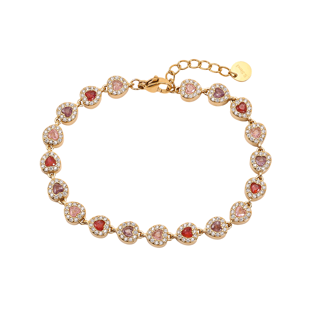 Stainless steel bracelet, 17 cm, in shades of pink with a heart-shaped, sparkling cubic zirconia     