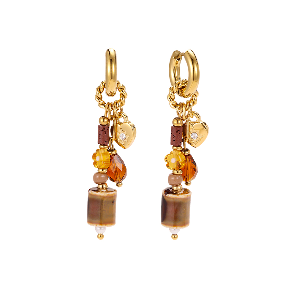 Stainless steel earrings, 51 x 14 mm, brown cylinder with decoration