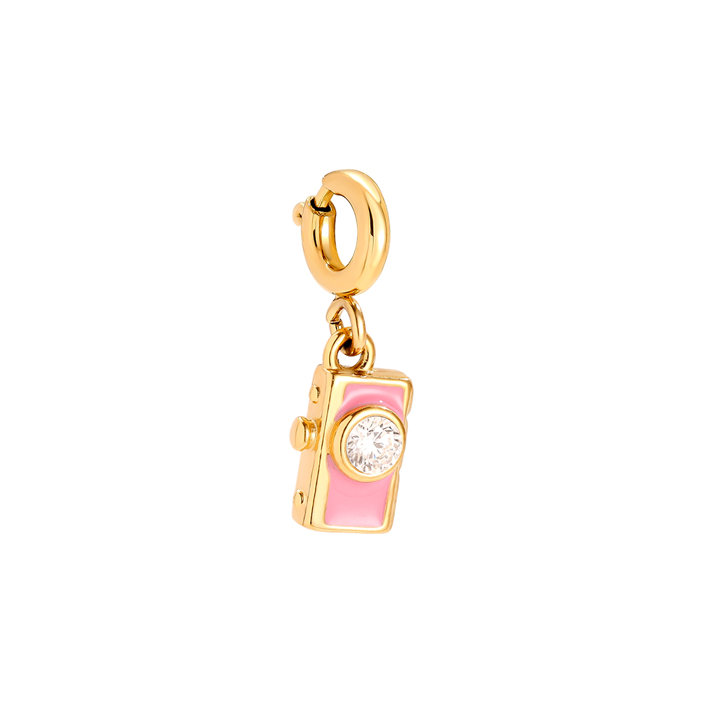 Stainless Steel Pendant 10mm Spring Clasp Pink Camera