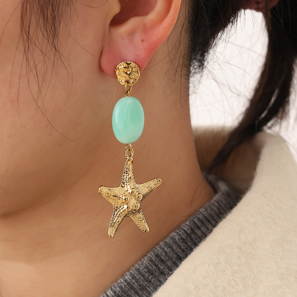 Stainless steel earrings 7cm large starfish and green acrylic