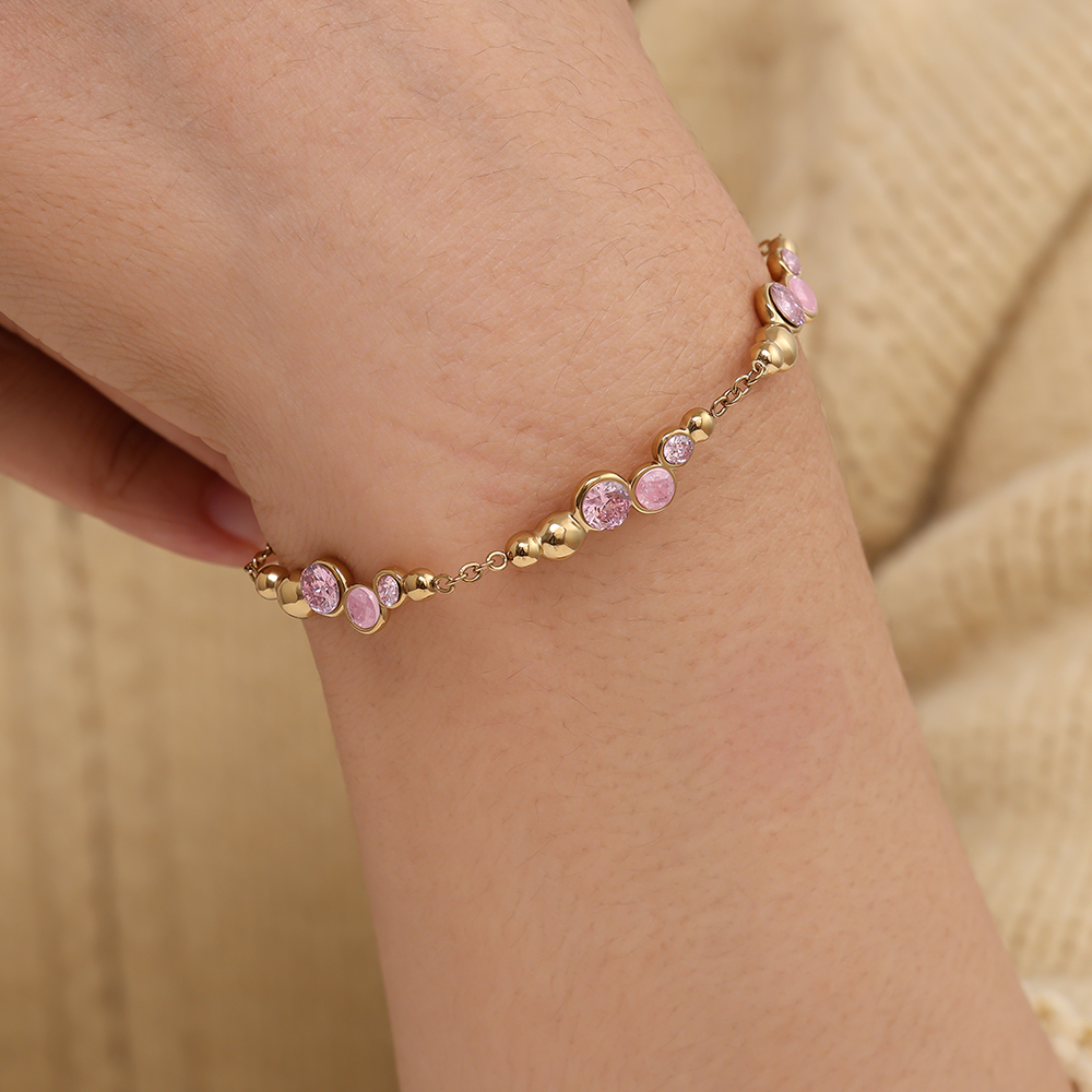 Stainless steel bracelet 17cm Pro Pink Round Diamond