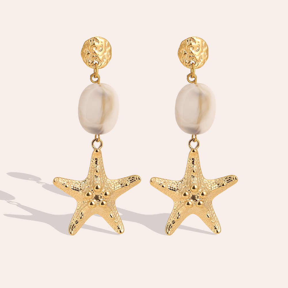 Stainless steel earrings 7cm large starfish and green acrylic
