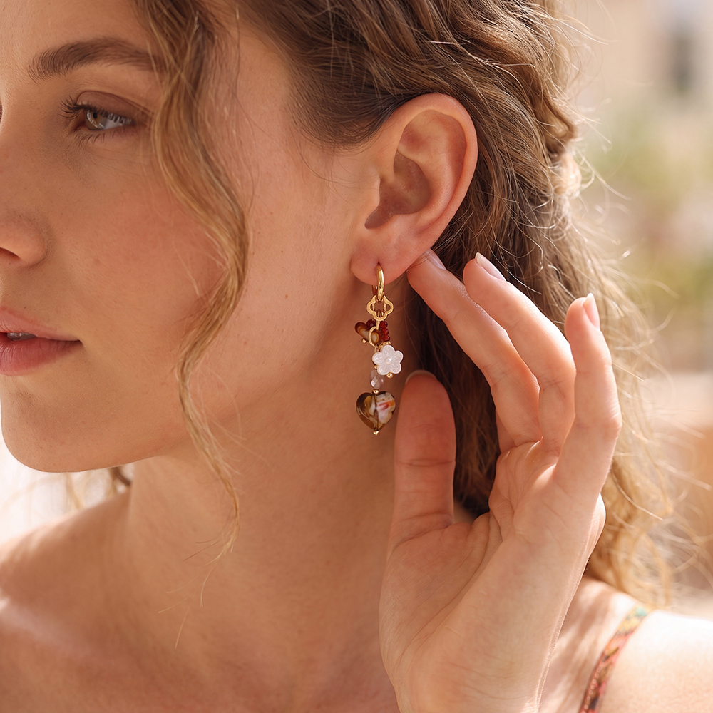 Stainless steel earrings, 52 × 12 mm, with white flowers and brown hearts