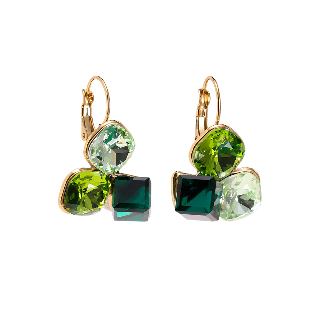 Stainless steel earrings, 30 × 21 mm. Three large glass stones in different colours