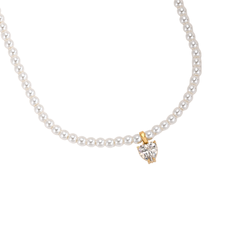Stainless steel necklace, 39 cm, with a heart-shaped cubic zirconia and a pearl chain  