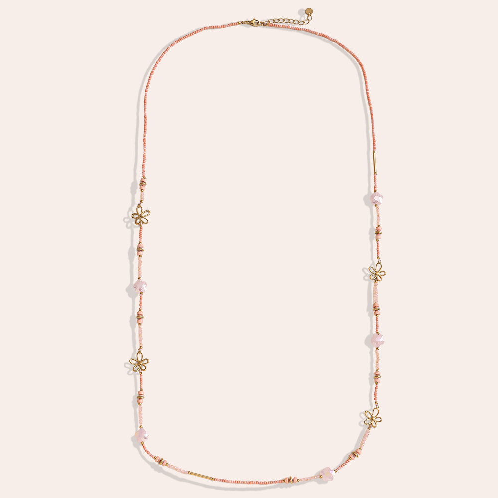 Stainless steel necklace 94cm small resin bead necklace with golden flowers