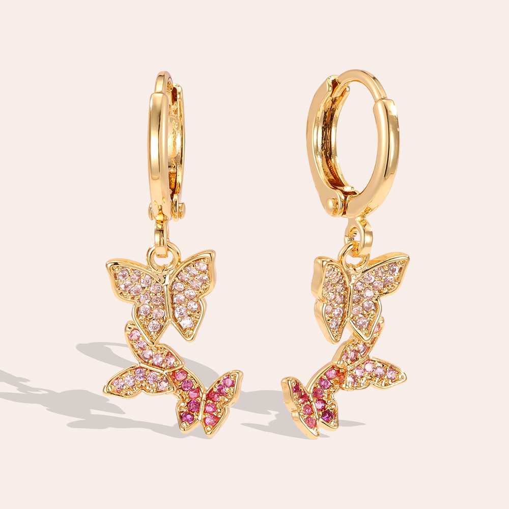 Gold-plated earrings 29mm three zirconia butterflies