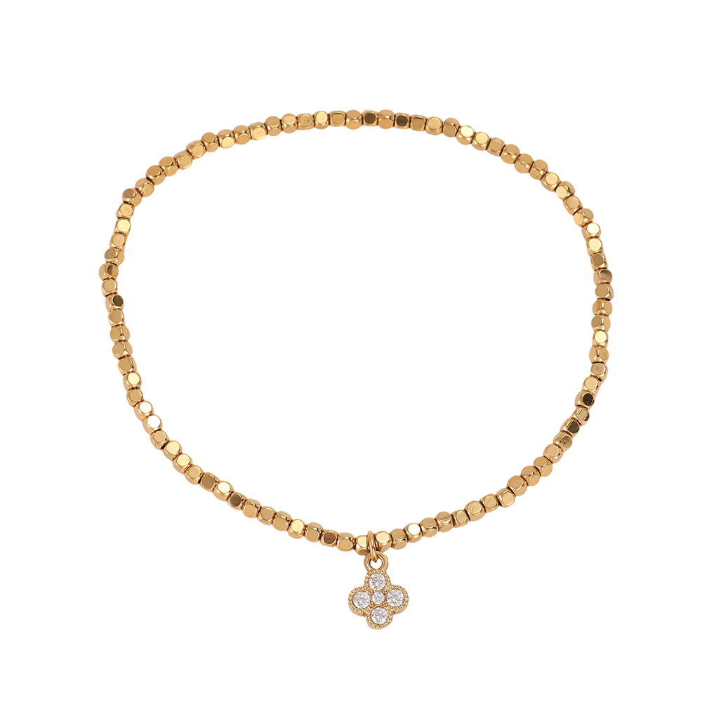 Stainless steel elastic bracelet with small square zirconia cloverleaf