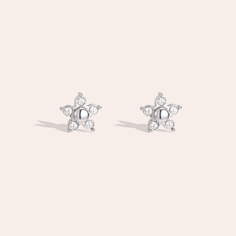 Stainless steel earrings, 6mm cubic zirconia flower