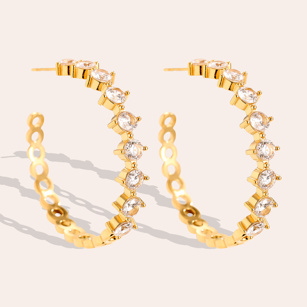 Stainless steel earrings, 40mm, C-shaped cubic zirconia