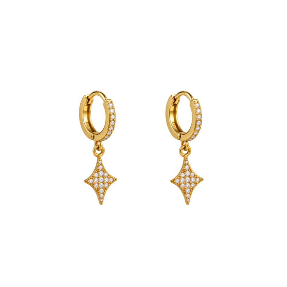 Stainless steel earrings, 27mm, cubic zirconia, four-pointed star