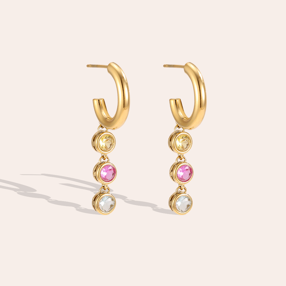 Stainless steel earrings, 40 × 6 mm, with 3 round rhinestones 