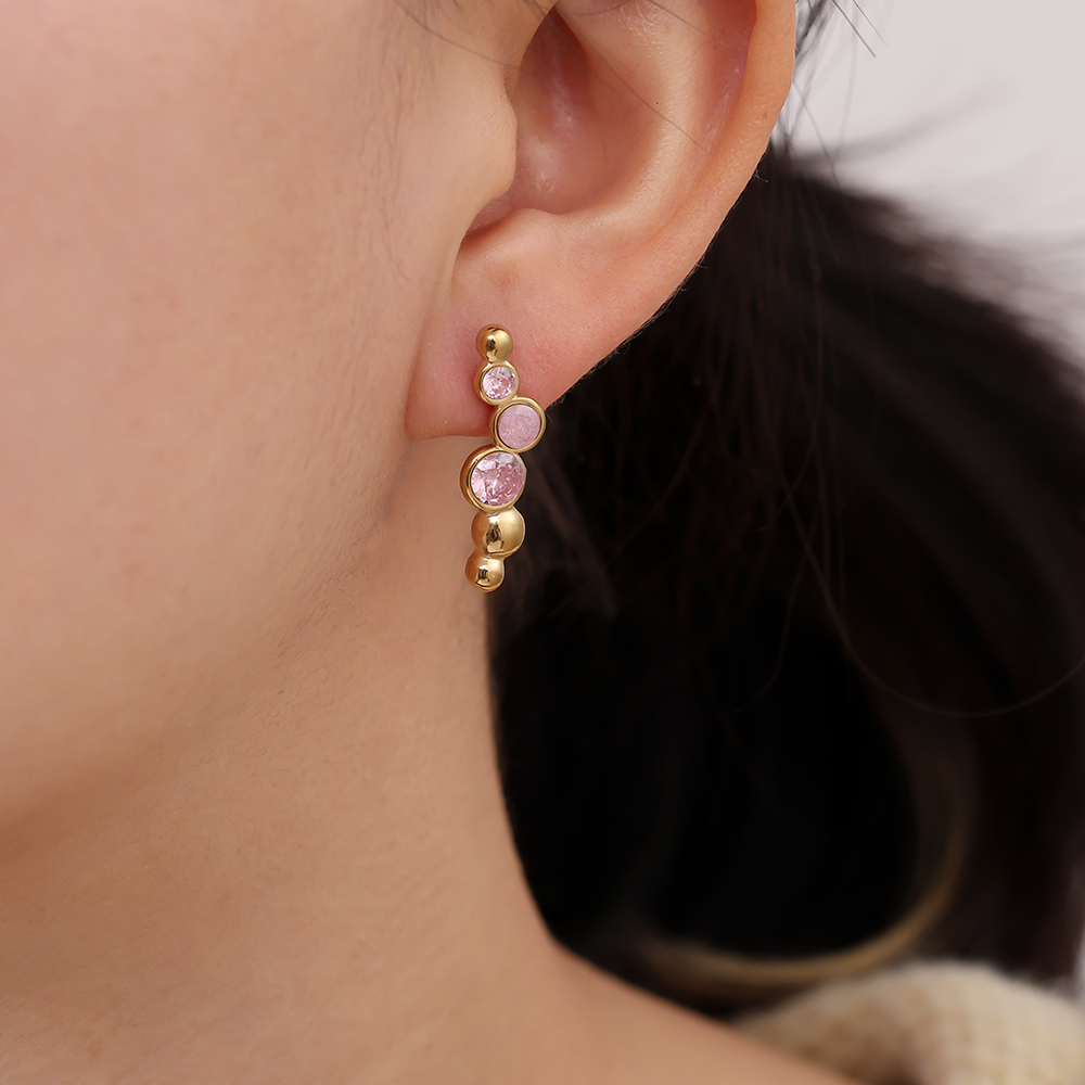 Stainless steel earrings 0.6*2.5cm Pink Round Diamond